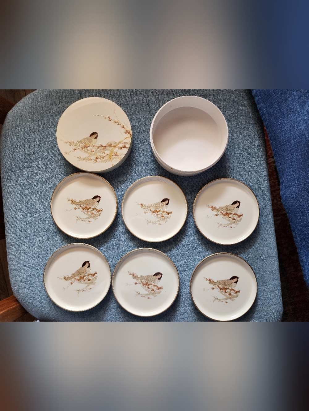 6 Vintage Otagiri Chickadee Lacquerware Coaters In A Box